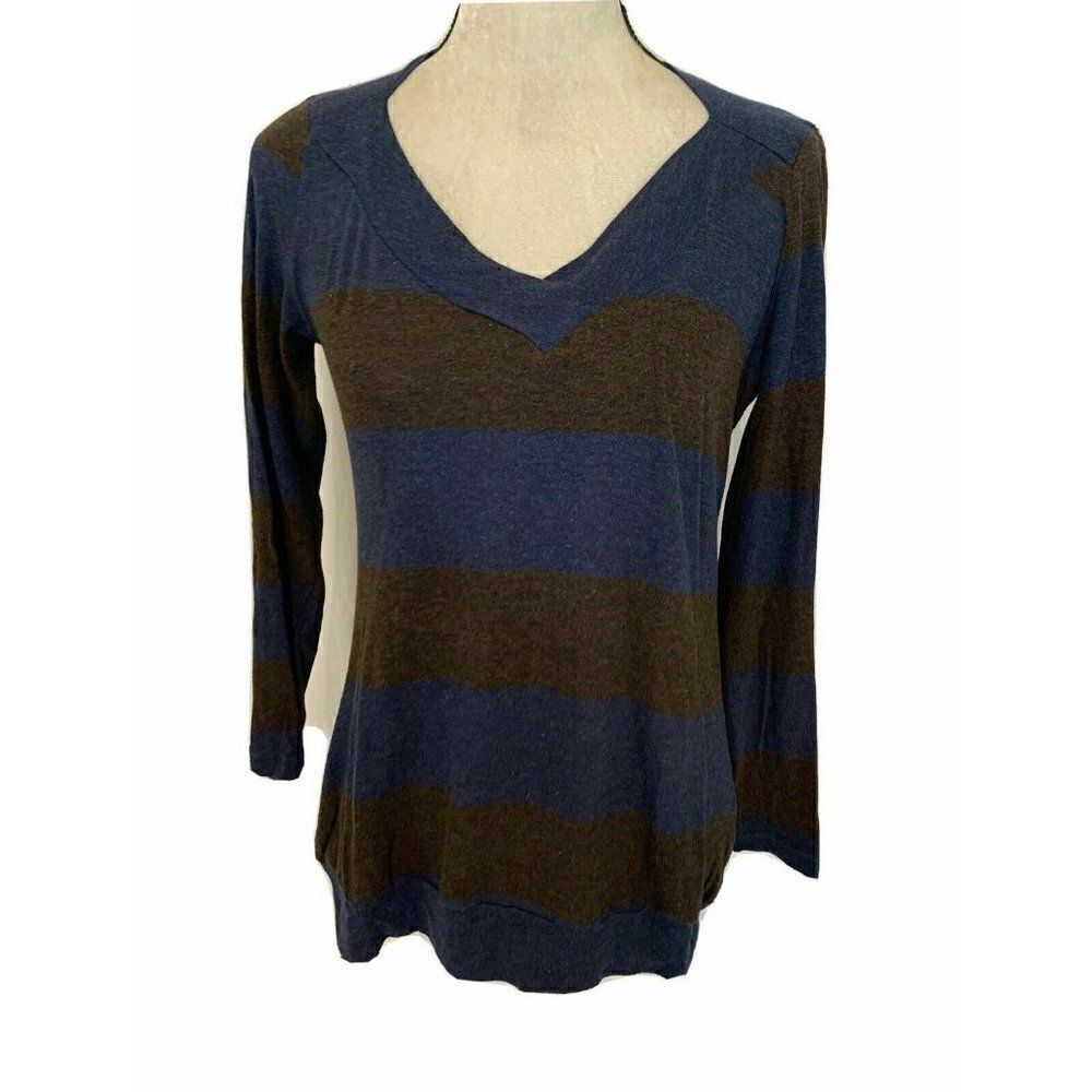 Splendid Womens Navy Blue Brown Striped V Neck Long Sleeve Top Sweater Xs